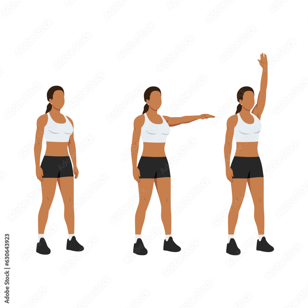 Woman doing single arm front raises to overhead extension. Flat vector illustration isolated on white background Woman doing single arm front raises to overhead extension. Flat vector illustration isolated on white background