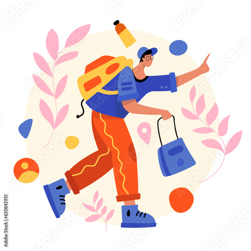 Young male with backpack traveling. Finding route while traveling. Concept of tourism. Flat vector illustration in cartoon style in blue and yellow colors
