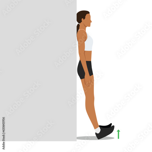Woman doing foot flex shin exercise leaning against wall. Flat vector illustration isolated on white background