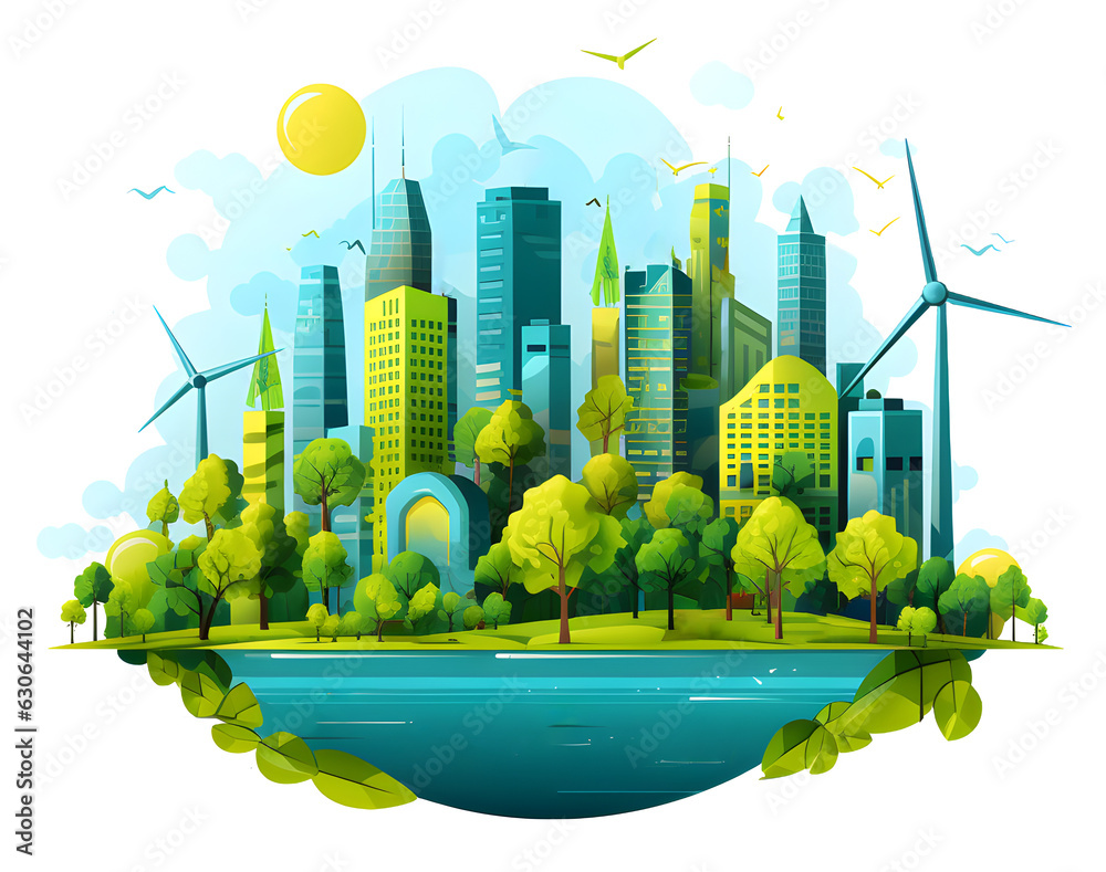 Flat Illustration of a City with Wind Turbines, Trees and a Pond. PNG with Transparent Background. Sustainable Living, Renewable Energy, Eco-Friendly, Environmental Conservation.