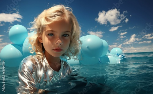 beautiful little girl with balloons floating in the sea. generative AI photo