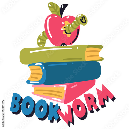 Sticker with the inscription school bookworm. A stack of books, a red apple with a green worm. School illustration in cartoon style. printing on school-themed T-shirts