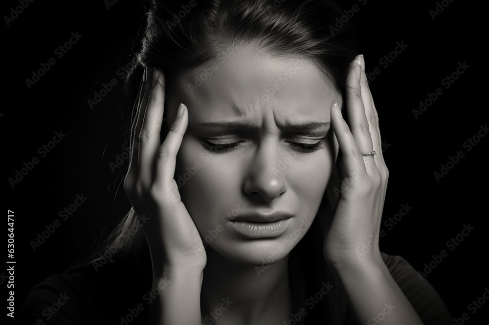 Fototapeta premium A woman with a severe headache, touches the scales with her hands.