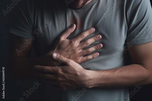Fotografia A man with heart pain in his chest, keeps his hands on his chest.