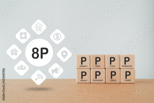 8P's, Product, Price, Place, Promotion, Positioning, Process, Performance and People text on wooden cube blocks with icons on grunge blue background including copy space for marketing strategy concept photo