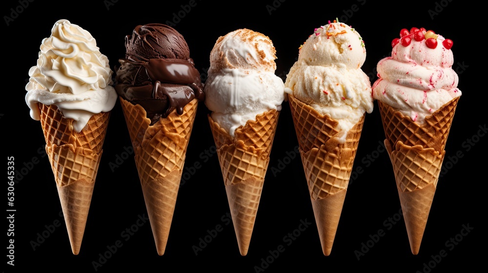 Set of various ice cream scoops in waffle cones isolated on black background Set of various ice cream scoops in waffle cones isolated on black background