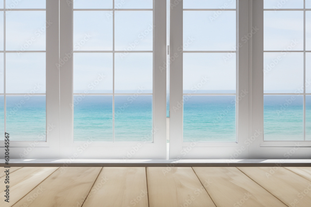Fototapeta premium White room with light tone wood floor.Generative AI illustration.
