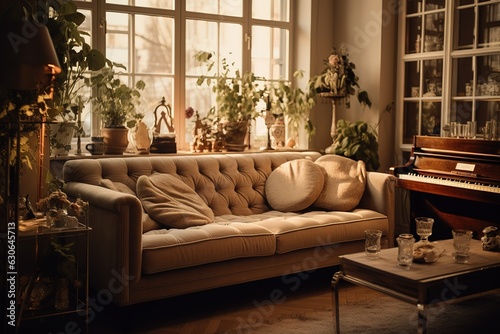Stylish scandinavian living room with design furniture, plants, bamboo bookstand and wooden desk. Brown wooden parquet. Abstract painting on the white wall. Nice apartment,Generative AI © Azar