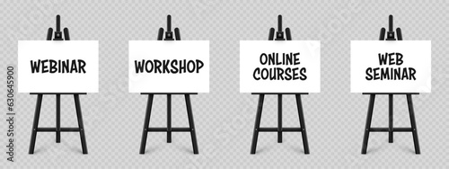 Realistic paint desk with text on white canvas. Black wooden easel and a sheet of drawing paper. Presentation board on a tripod. Distance education, online courses and e-learning. Vector illustration