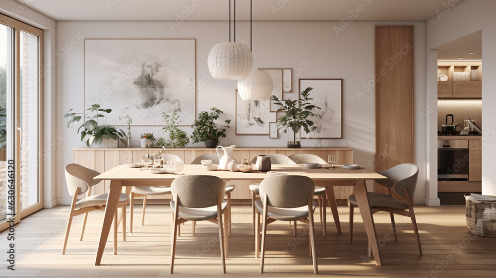 Scandinavian interior design, minimalism, Nordic style, kitchen room interior.