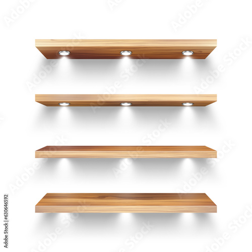 Realistic wooden store shelves with lighting, spotlights. Empty product shelf, grocery wall rack. Mall and supermarket furniture, bookshelf. Modern interior design element. Vector illustration