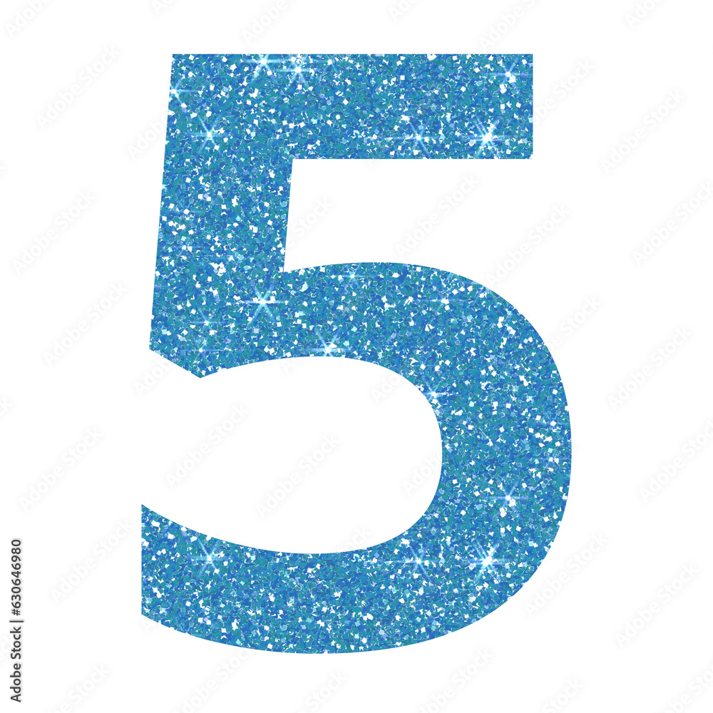 Blue glitter number five in transparent background.Number 5 icon