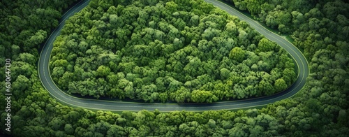 Aerial view of thick forest in autumn with road