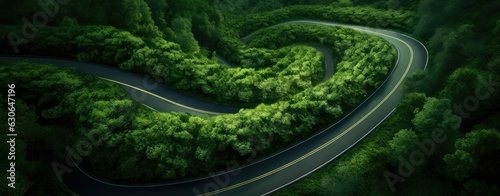 Aerial view green forest with car on the asphalt road