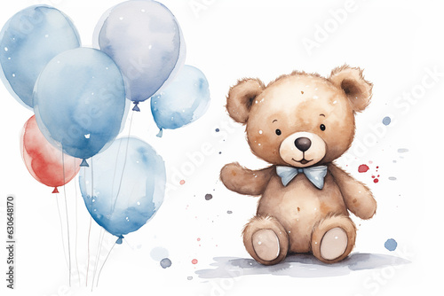 Cartoon teddy bear with multiple balloons in watercolor Isolated on white background, Generative AI