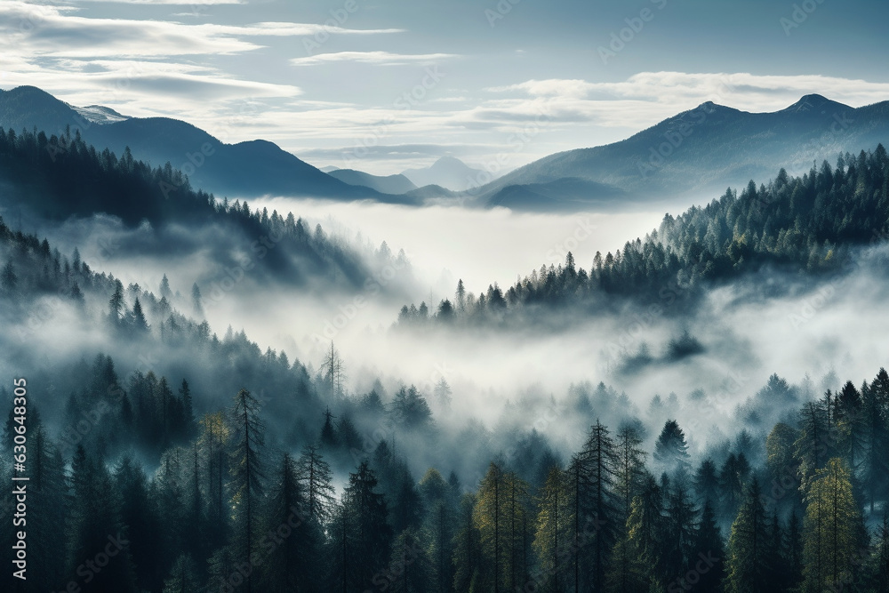 A mountains forest filled with lots of trees covered in fog, wallpaper, Generative AI