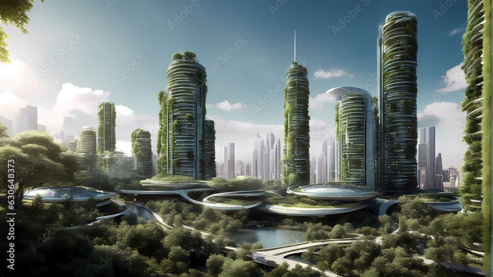 Die Stadt der Zukunft. Das Leben auf unserer zukünftigen Welt ist grün - kann nur grün sein.  - obrazy, fototapety, plakaty 