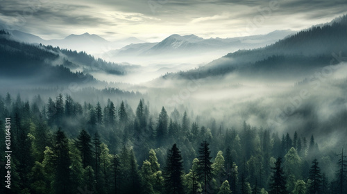 A mountains forest filled with lots of trees covered in fog  wallpaper  Generative AI