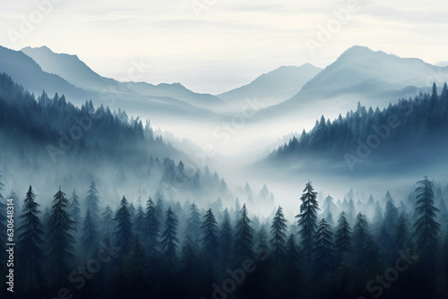 A mountains forest filled with lots of trees covered in fog, wallpaper, Generative AI © M2L