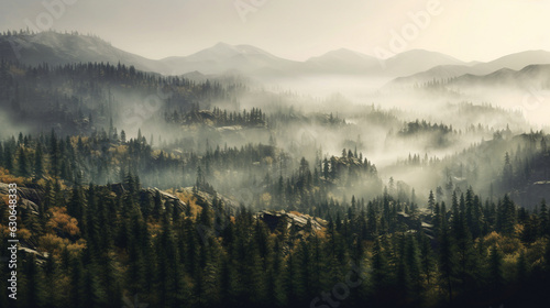 A mountains forest filled with lots of trees covered in fog, wallpaper, Generative AI