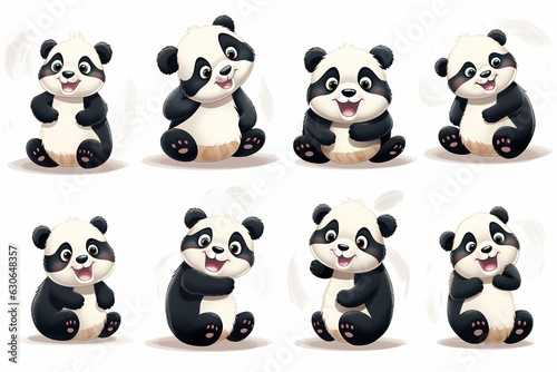 Cartoon panda character illustration with multiple variations on white background, Generative AI