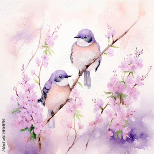 Colorful birds on stick blooming tree with flower in watercolor design artistic. Concept of painting technique isolated on white background in canvas.