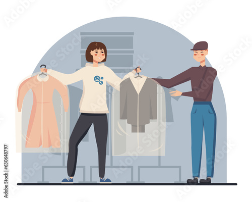 Smiling worker talking with client and giving clean clothes. Dry cleaning concept. Consultations for clients concept. Flat vector illustration in cartoon style in blue colors