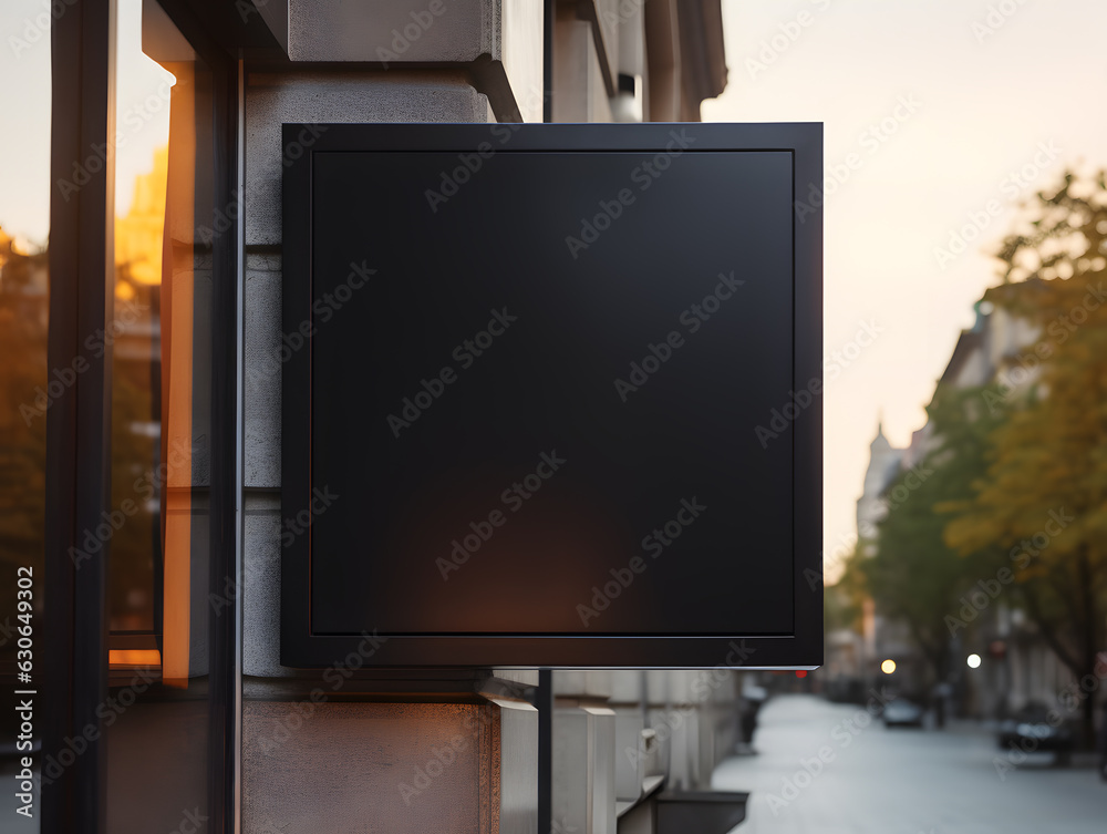 Fototapeta premium Empty black square signboard mockup in outside for logo design, brand presentation for companies, ad, advertising, shops.