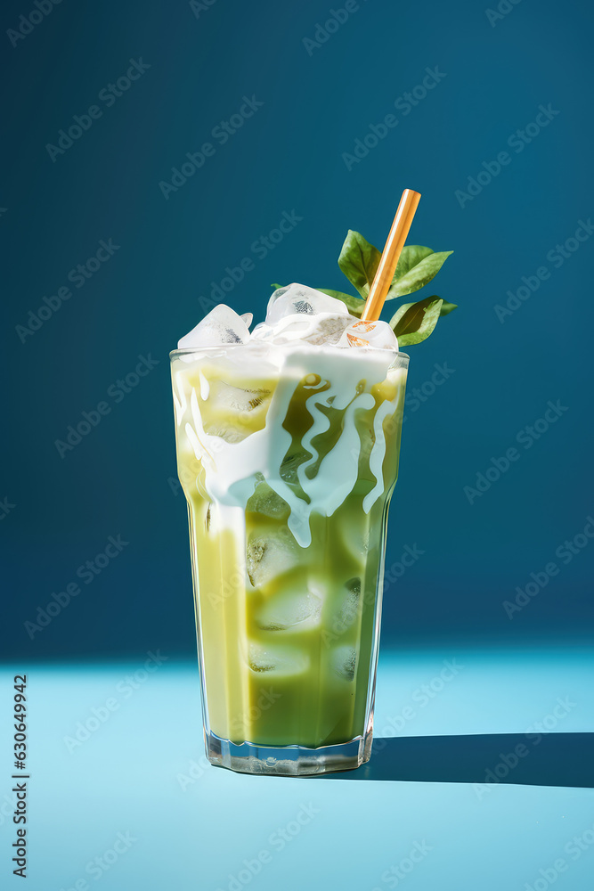 Matcha iced tea with ice and whipped cream, milk, in a glass isolated