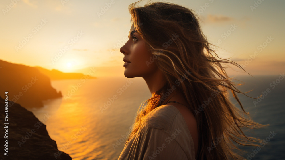 A young woman stands on a cliff overlooking the ocean, mental health images, photorealistic illustration