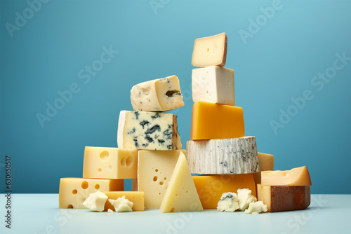 Blocks of different types of cheese on blue background
