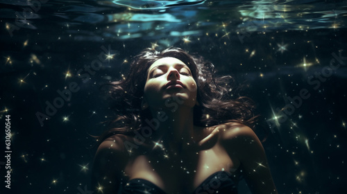 A person floating in a pool of water surrounded by stars, mental health images, photorealistic illustration