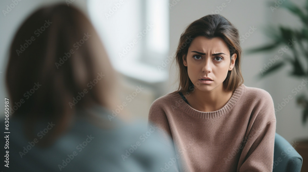 A young woman sits in a therapists office, mental health images, photorealistic illustration A young woman sits in a therapists office, mental health images, photorealistic illustration