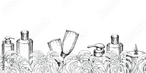 Hand drawn vector ink spa skincare bath beauty products package. Seamless horizontal banner. Isolated on white background. Design for wall art, wellness resort, print, fabric, cover, card, booklet.