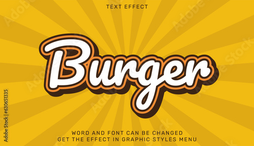 Burger text effect template in 3d design. Text emblem for advertising, branding, business logo