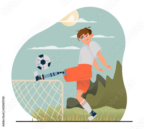Boy with prosthetic leg playing football. Healing and recovery for young male. Active social life. Daily life of human with special needs. Flat vector illustration in cartoon style