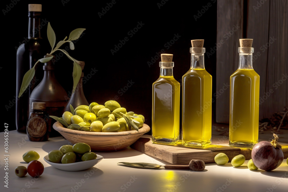 Rural still life with a bottles of olive oil and green olives on a dark background. Farm environmentally friendly products. Generated by AI Rural still life with a bottles of olive oil and green olives on a dark background. Farm environmentally friendly products. Generated by AI