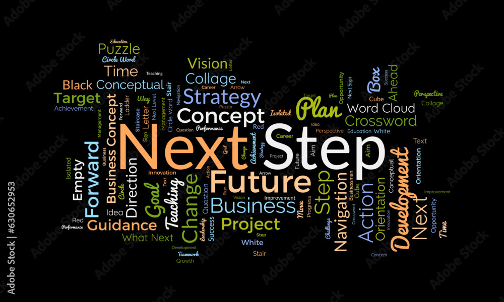 Word cloud background concept for Next Step. Future vision strategy for change progress. vector illustration. Word cloud background concept for Next Step. Future vision strategy for change progress. vector illustration.