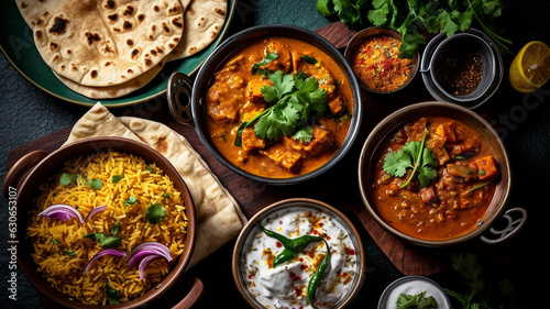 Traditional Indian dishes Chicken tikka masala, palak paneer, saffron rice, lentil soup, pita bread and spices. Generated by AI