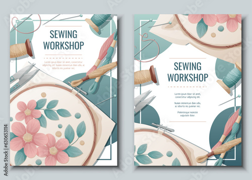 Flyer design set for sewing atelier, workshop. Poster with hoop, thread, scissors, sewing tools. Hobby, needlework, light industry. A4 banners for advertising