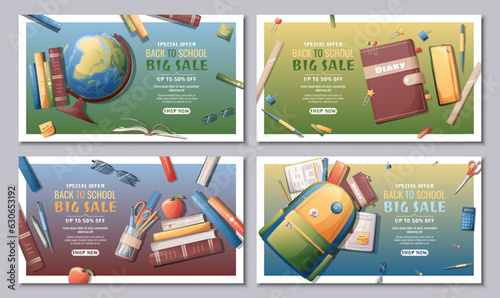 Banner design set with textbooks, backpack, globe, books, stationery. School time, back to school, education.Concept web design, website page