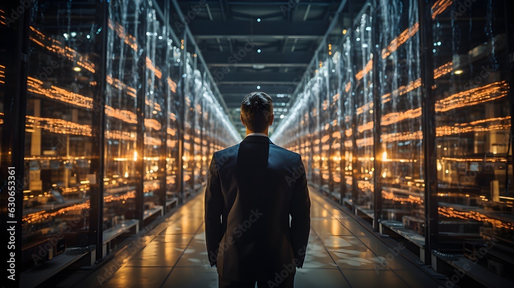 Businessman standing in a vast industrial hall amidst servers, conversing with an artificial intelligence, looking at a chart that's ascending upwards Businessman standing in a vast industrial hall amidst servers, conversing with an artificial intelligence, looking at a chart that's ascending upwards