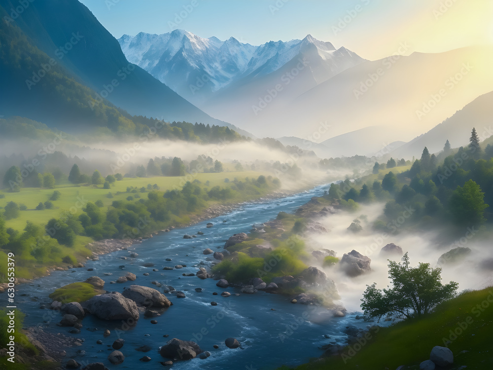 Mountain landscape and forest with river flowing. generative ai