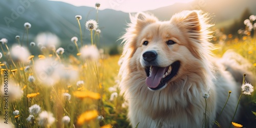 AI Generated. AI Generative. Outdoor nature field meadow pet animal happy smile dog portrait face running funny friend. Can be used like animal store promotion photo