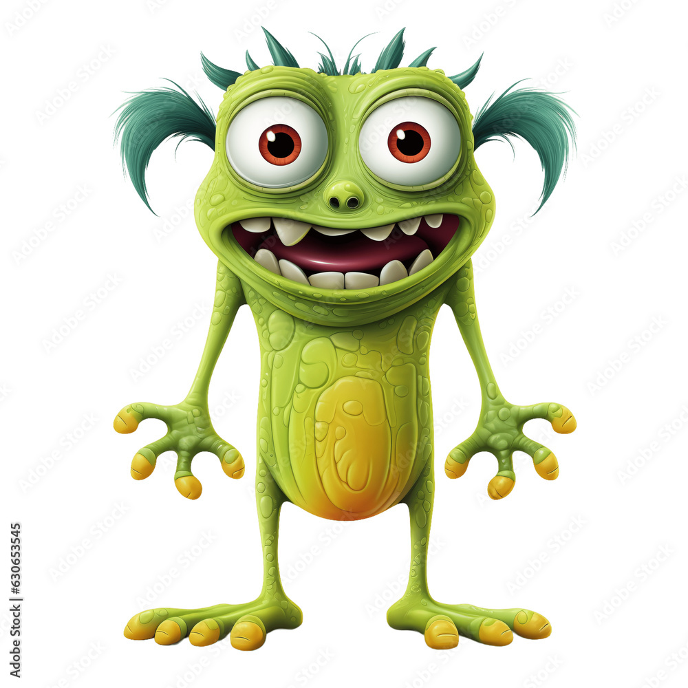 Fototapeta premium Funny green skinny monster cartoon character solated on transparent background.