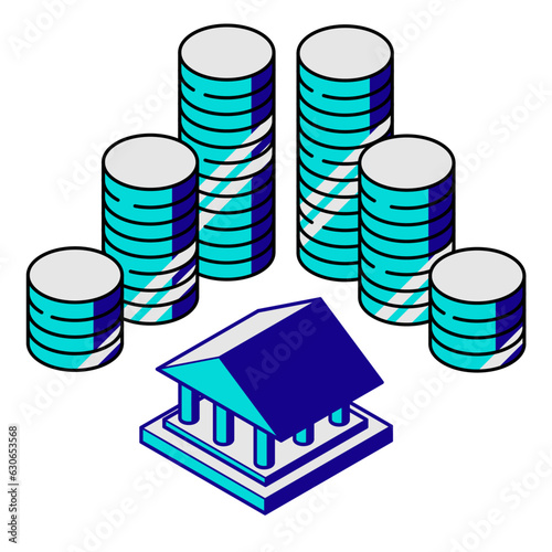 アイソメトリックな銀行、博物館のイメージアイコンと積み上がるコインのイラスト
