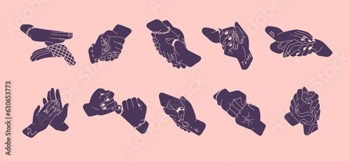 Two hands touching, holding together set. Greeting hi and hello gestures, fist bump, punch, handshake, palm clap, high five, welcoming, supporting, taking, giving. Isolated flat vector illustrations