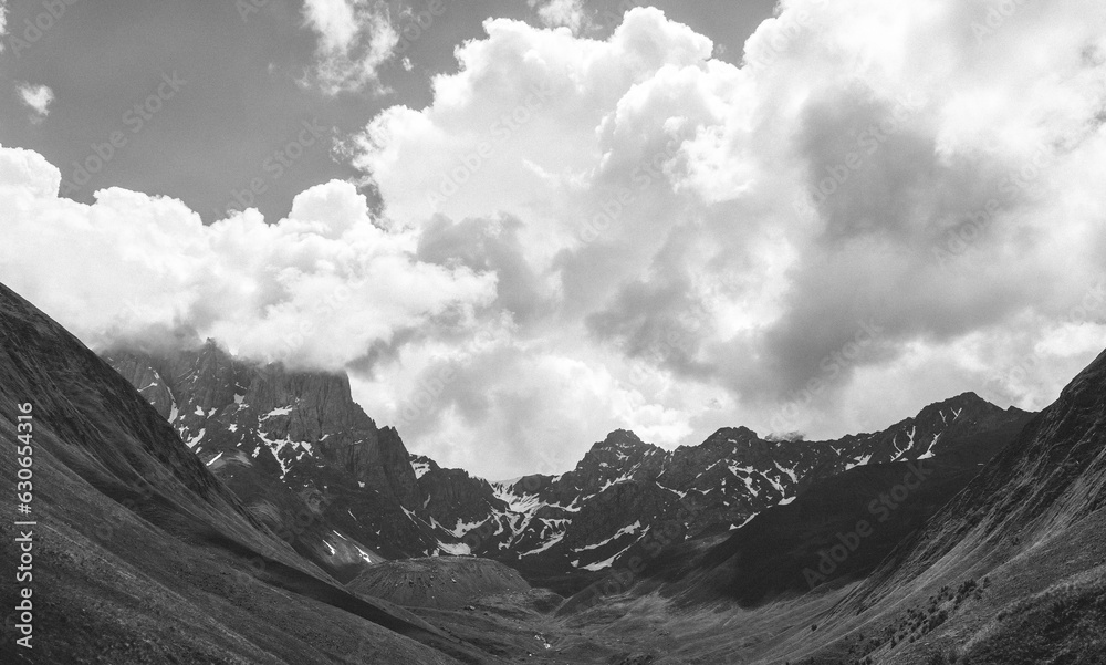 Black and white Picturesque rocks and mountains, beautiful background of the mountains. Amazing landscape of nature and sky. Photo high guality