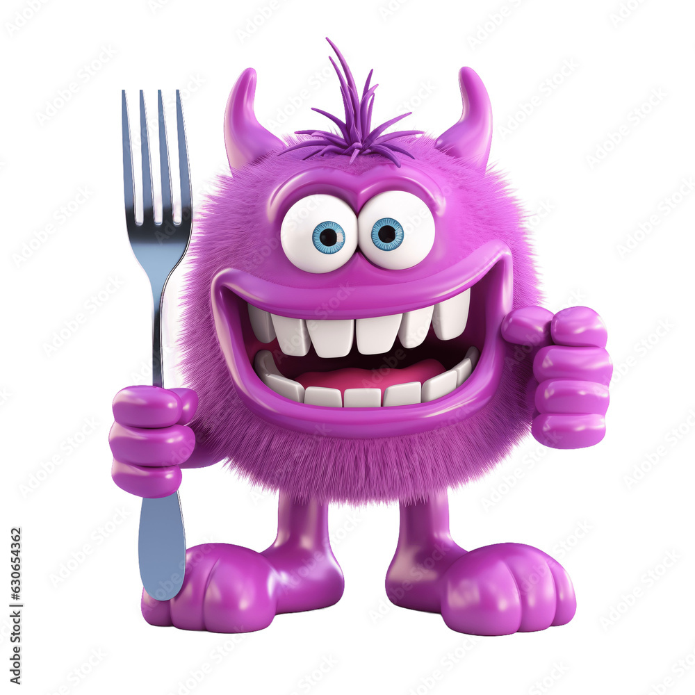Cute purple hungry monster holding big fork isolated on transparent background.