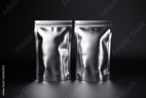 Blank foil food bag isolated on black background. generative ai